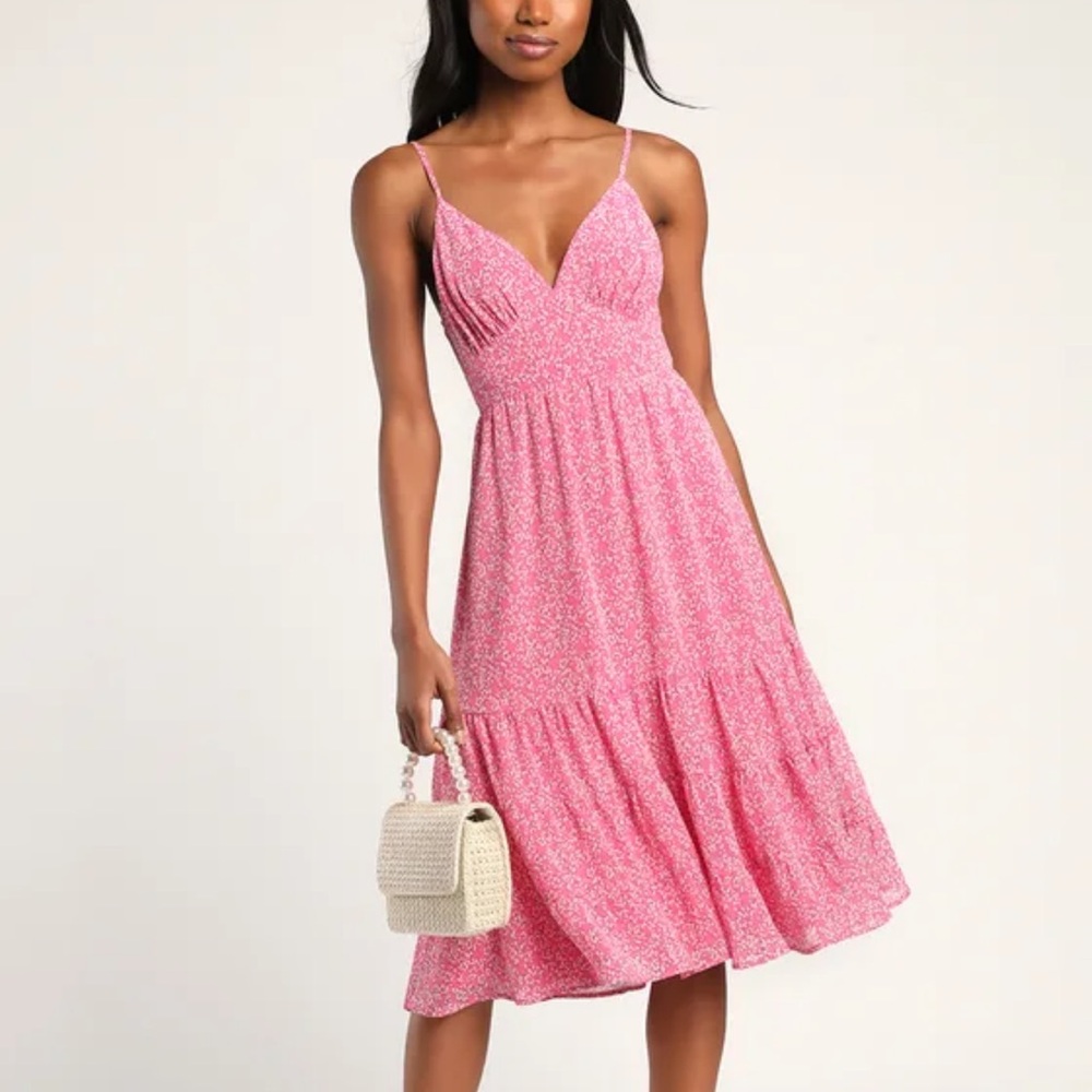 Feeling Flowerful Pink Floral Print Tie-Back Midi
Dress